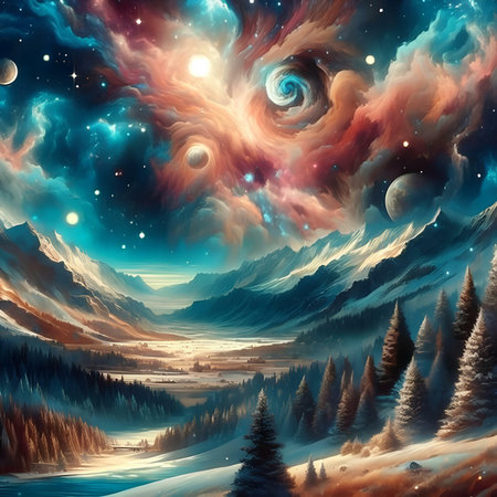 Fantasy winter landscape with mountains, forest and moon. digital paintingの素材