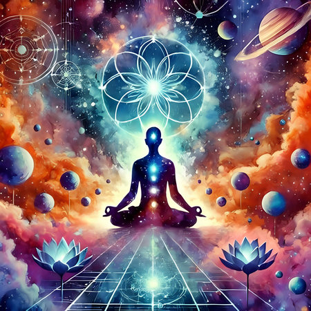 Yoga in the lotus position on the background of the universe.の素材