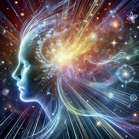 3d illustration of female head with glowing brain and space background.の素材