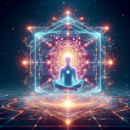 3d rendering of human figure in lotus position meditating in front of magic portalの素材