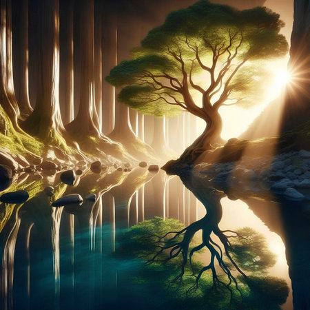 Fantasy landscape with tree, sun and water. 3d renderの素材