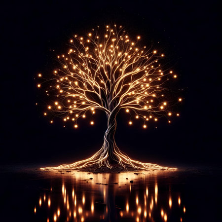 Illustration of a glowing tree on black background with reflection in waterの素材