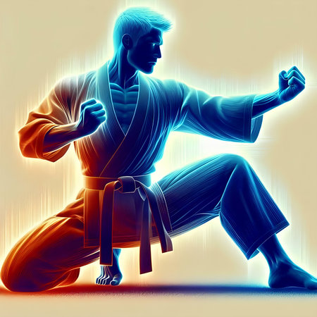 Karate illustration with a man in a kimono on a light backgroundの素材