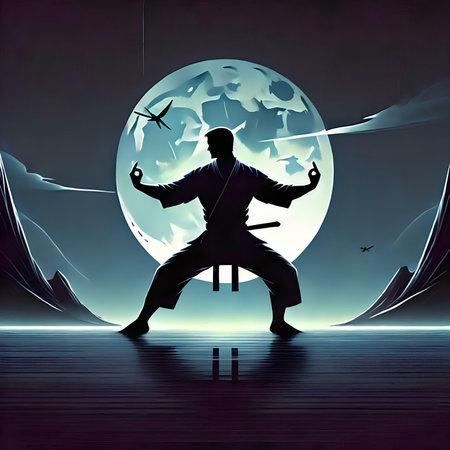Kung fu master in the moonlight. Vector Illustration.の素材