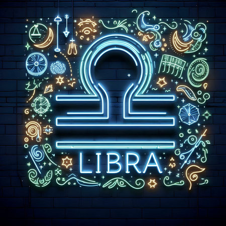 Libra neon sign on brick wall background. Vector Illustration.の素材