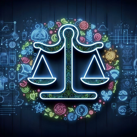 Glowing scales of justice on dark background. Law and justice concept. vector illustrationの素材