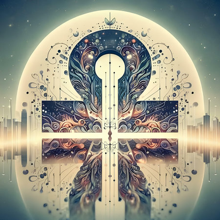 Mystical geometry background with symbol of the cross. 3D renderingの素材