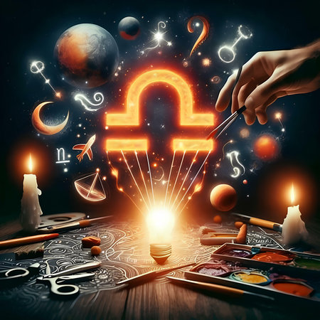 Close up of hand drawing magic lamp on dark background. fantasy conceptの素材