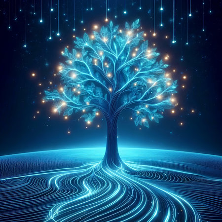 Magic tree on dark blue background with lights and stars. Vector illustration.の素材