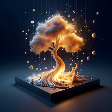 3d render, abstract background with magic tree, magic ball and particlesの素材