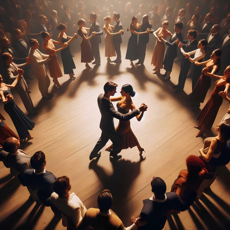 Couple dancing tango in the dance hall. Photo in old color image style.の素材