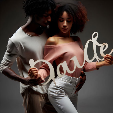 Two african american women and man in casual clothes holding word loveの素材