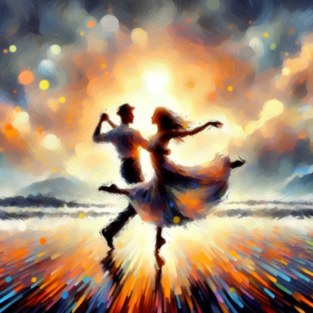 Digital painting of a young couple dancing on the beach at sunset.の素材