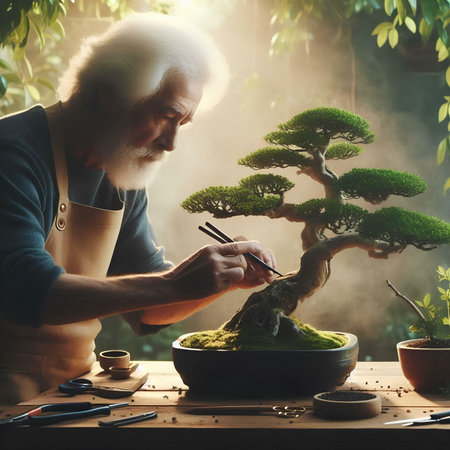 Elderly man making bonsai tree at home. Concept of hobby and hobbies.の素材