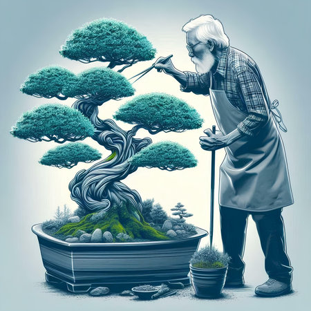 Elderly man gardener working in his bonsai gardenの素材