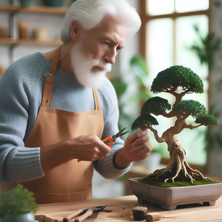 Elderly man making bonsai tree at home, copy spaceの素材