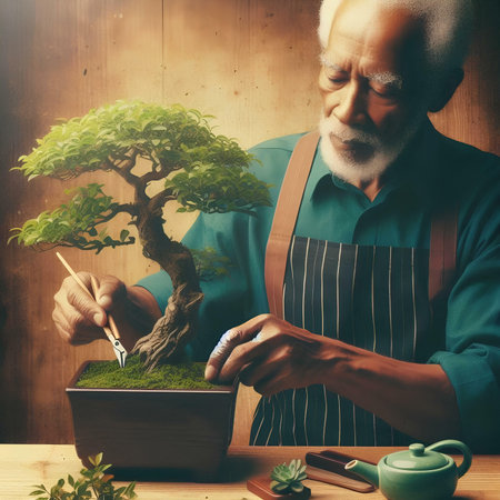 Senior man working with bonsai tree in pot on wooden backgroundの素材