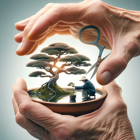 Bonsai tree in the hands of a man on a gray backgroundの素材
