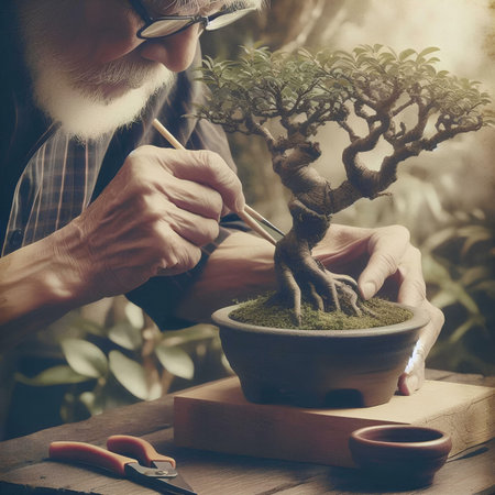 Senior man working with bonsai tree at home, vintage styleの素材