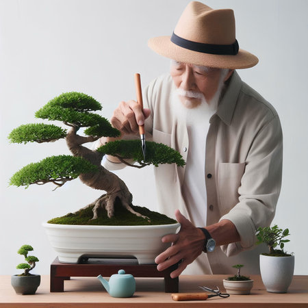 Senior man in hat making bonsai tree at home. Ecological conceptの素材