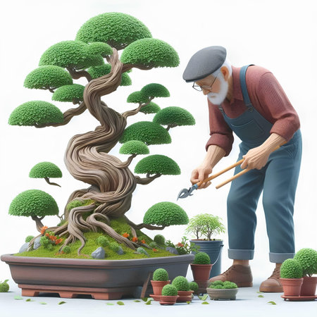Bonsai tree and gardener. Isolated on white background.の素材