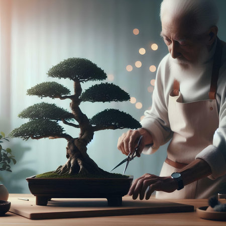 Senior man cutting bonsai tree in his home. Bonsai conceptの素材