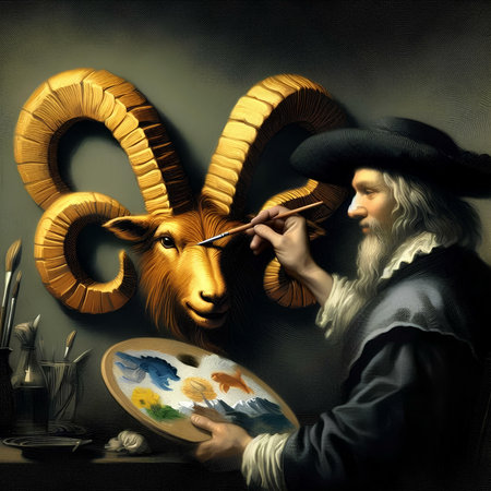 The artist paints a picture of a goat in his workshop. Digital painting.の素材