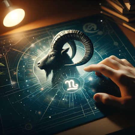 Close up of human hand using tablet pc with glowing zodiac signsの素材