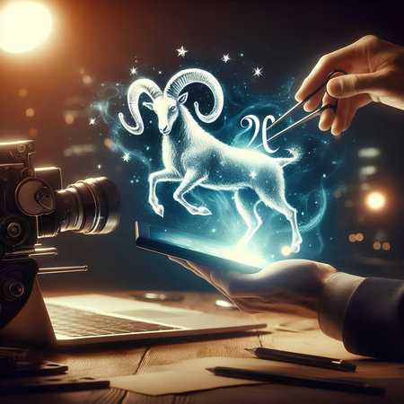 Close up image of male hands using tablet pc with ram zodiac signの素材