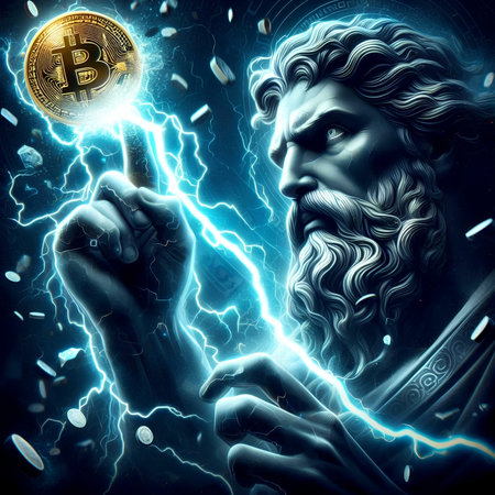 Bitcoin cryptocurrency mining concept as a 3D illustration of a man holding a golden bitcoin coin in his hand.の素材