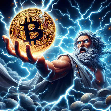 Bitcoin in the hands of a man in the rays of lightning.の素材
