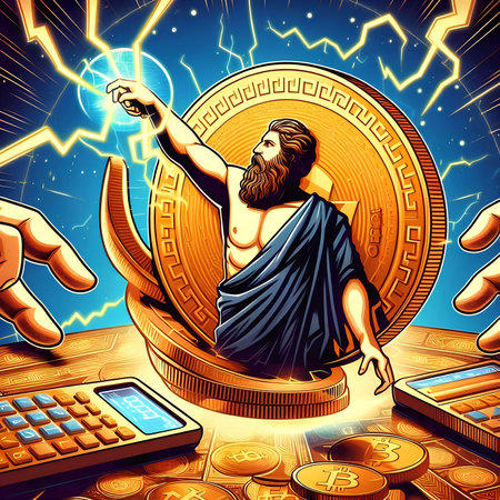 Digital illustration of Jesus Christ with gold coin and mobile phone in handの素材