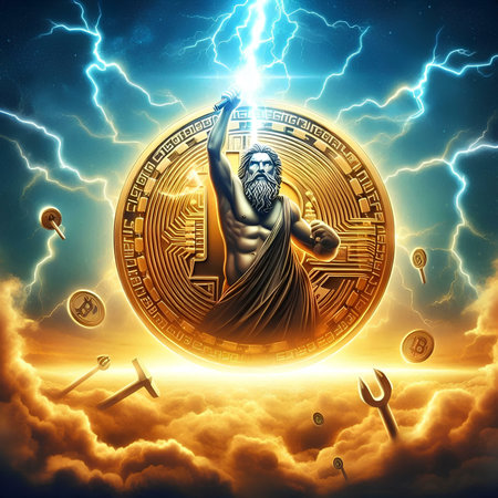 Cyber security concept with golden bitcoin and lightning. 3D renderingの素材