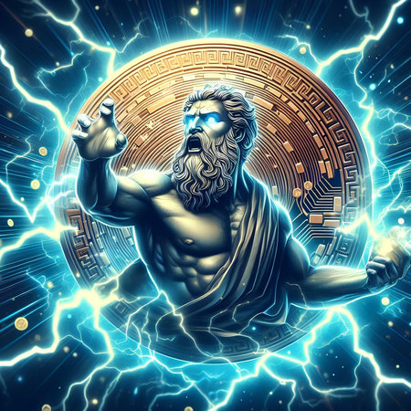 Statue of Jesus on a background of lightning and the coin.の素材