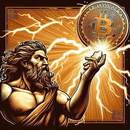 Jesus Christ with bitcoin on a lightning background. Vector illustration for your designの素材