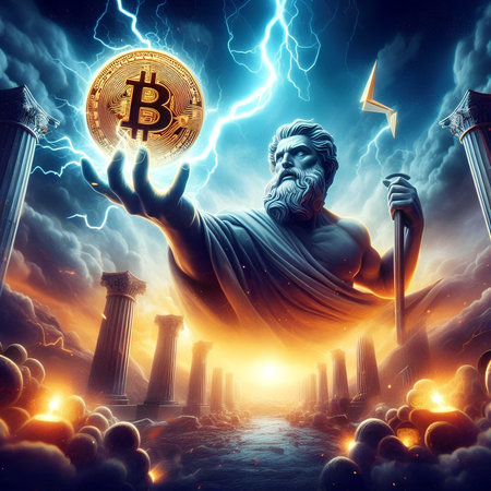 Fantasy image with a statue of Zeus holding a bitcoin in his handの素材