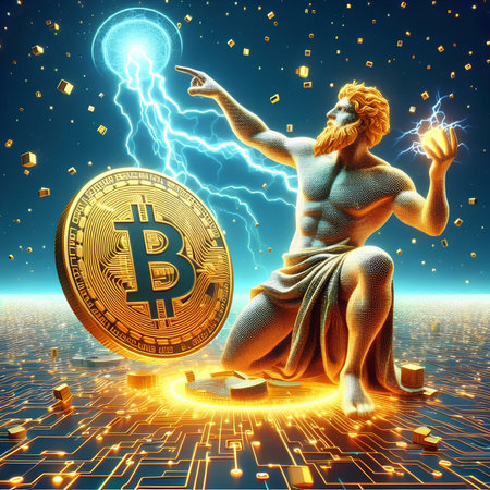 Digital currency physical golden bitcoin coin with lightning on blue background. 3D renderingの素材
