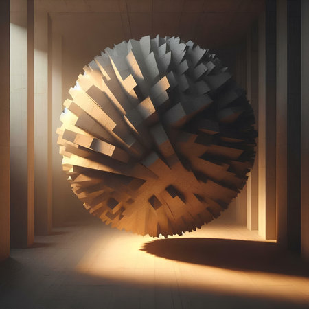 Abstract 3d rendering of geometric shapes in empty room with light.の素材