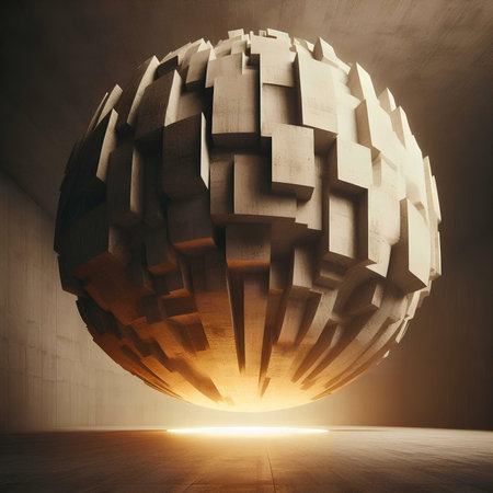 Abstract 3d rendering of geometric shapes in empty concrete room with sunlightの素材