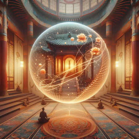 Magic crystal ball with Chinese temple background. 3D Rendering.の素材