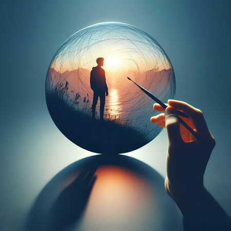 The silhouette of a man with a knife in his hand on the background of nature.の素材