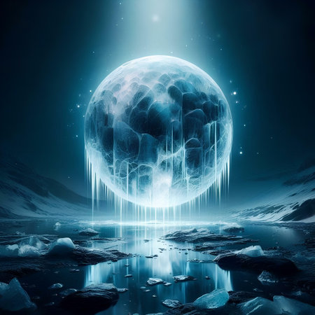 Fantasy landscape with ice floes and planet. 3D renderingの素材