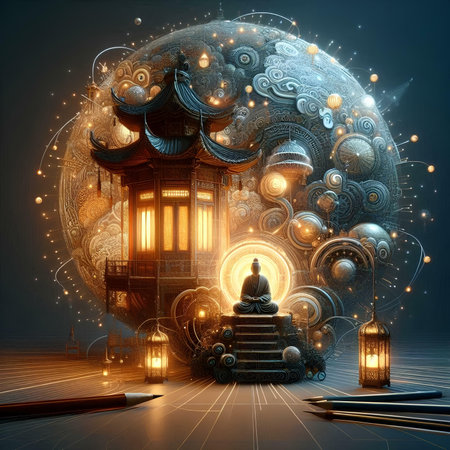 Glowing chinese temple with moon and lanterns, 3D renderingの素材