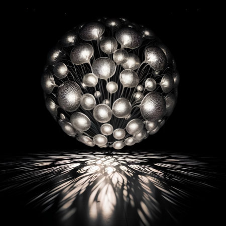 abstract 3d illustration of metal sphere with silver balls on black backgroundの素材