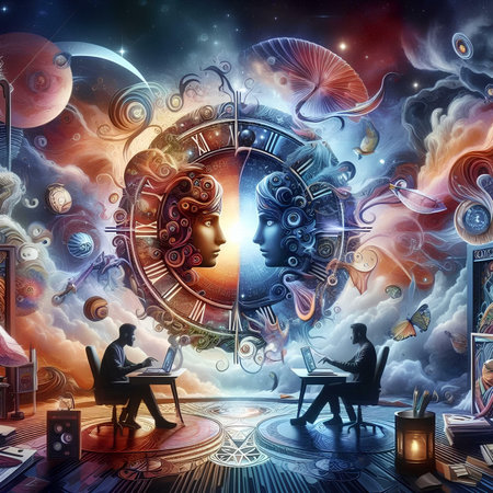 Surrealism. The girl sits at a table in the interior of the planetarium.の素材