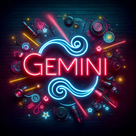Neon sign with gimini on brick wall background. vector illustrationの素材
