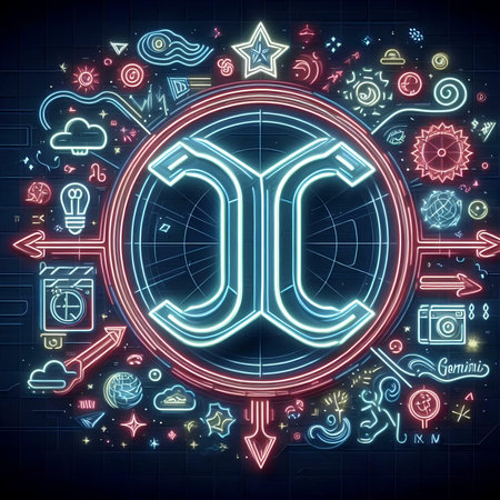 Neon astrology sign on dark background, 3d rendering. Computer digital drawing.の素材