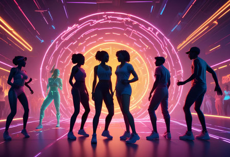 Silhouettes of a group of people in front of neon lights.の素材