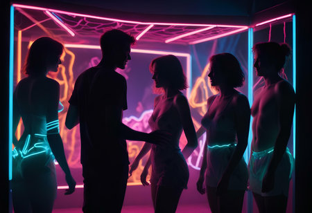 Group of young people dancing at night club with neon lights. Disco club.の素材