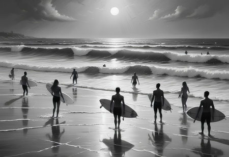 Surfers on the beach at sunset. Black and white photo.の素材